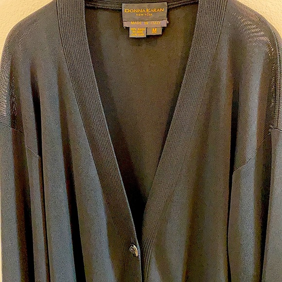 VTG Donna Karan Long Black Deep-V Woven Rayon Cardigan - Picture 4 of 11
